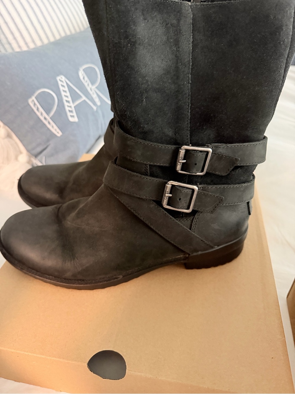 UGG Lorna Black Mid-Calf Buckle Boots